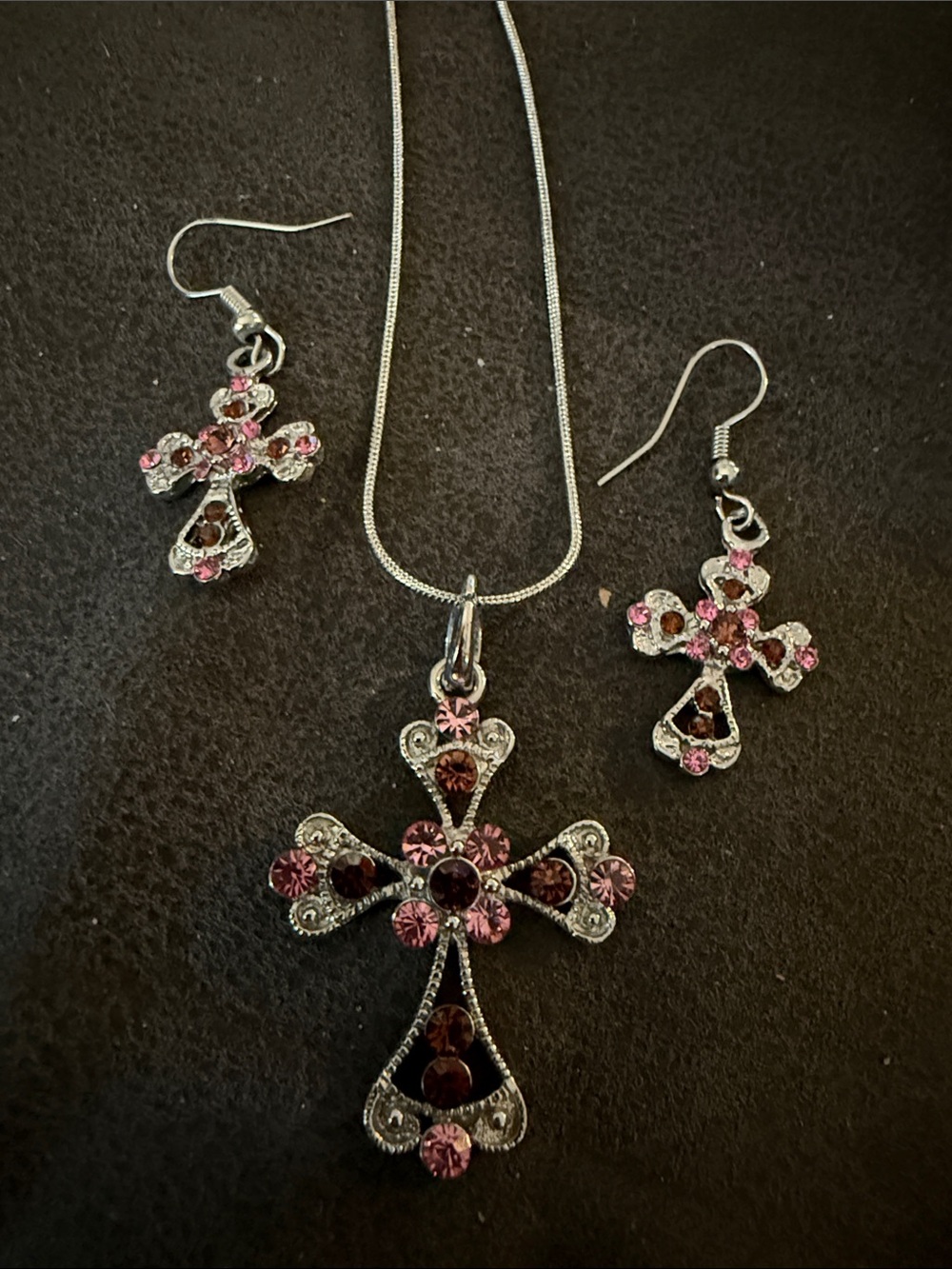 Pink Crystal Cross Necklace and Earring Set - Silver-Tone
